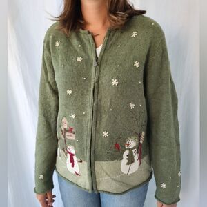 Vintage Croft & Barrow Sage Green Snowman Zip Christmas Holiday Winter Sweater